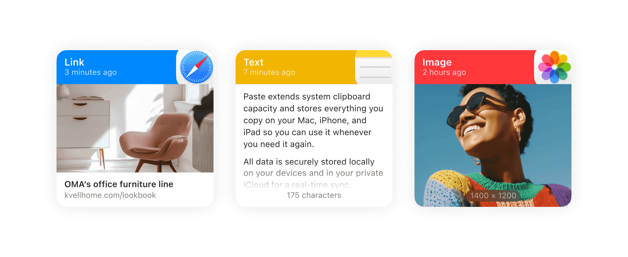 Paste’s clipboard history showing saved Link, Text and Image cards